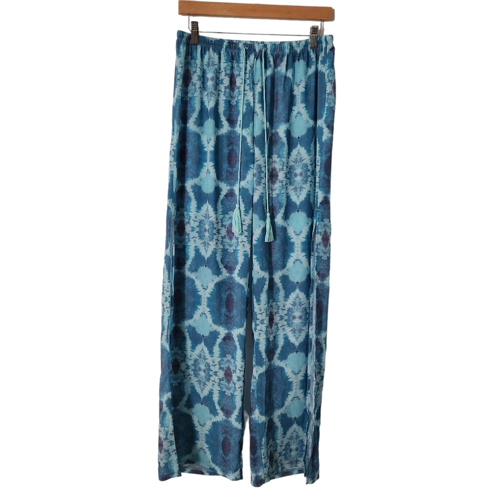 Apana Resort Blue Geometric Print Cover Up Side Slit Pants Women's Size L